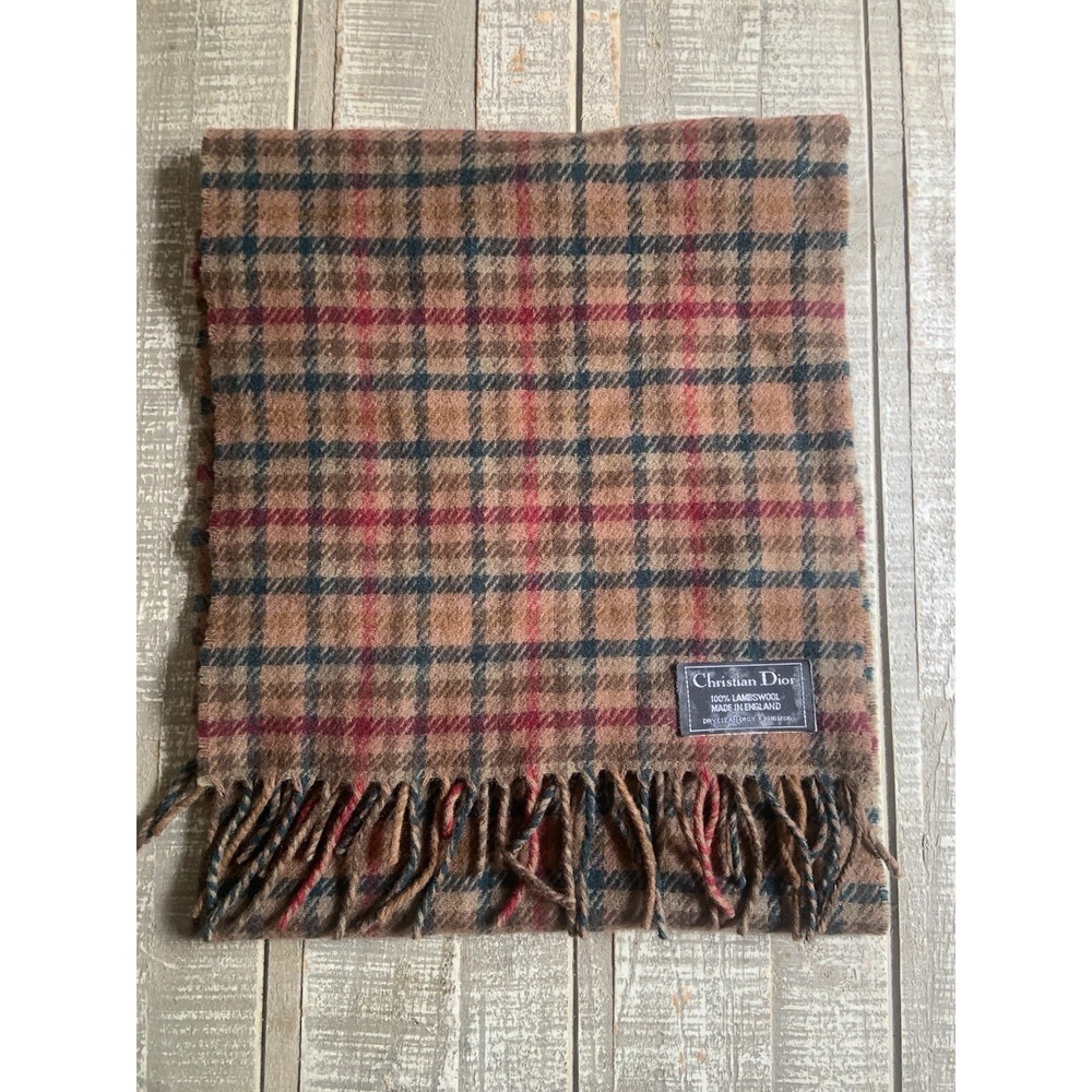 Christian Dior 100% Lambswool Scarf Fringe Made in England 55x12 Plaid Authentic